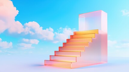 Poster - Elegant Transparent Staircase Design Against Bright Sky with Soft Clouds for Modern Aesthetic and Inspirational Concepts