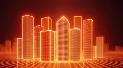 Poster - Futuristic City Skyline with Neon Lights and 3D Wireframe Buildings on Dark Background