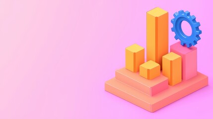Poster - Colorful 3D Chart With Gear Symbol Representing Data Analysis, Growth, and Business Progress in Modern Design Style