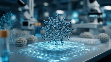 Poster - Complex molecule structure rotating on transparent display in modern laboratory setting, showcasing scientific innovation and advanced research in chemistry, medicine, or material science