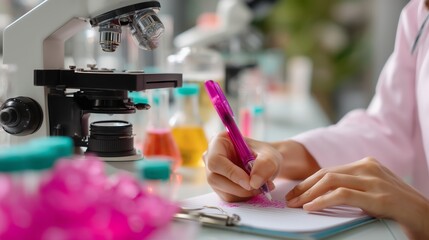 Poster - Scientist conducts research in laboratory using microscope and analyzing samples with bright colored reagents