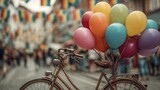 Bicycle with colorful balloons at vibrant street festival with rainbow flags