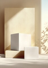 Aufkleber - Minimalist Abstract Geometric Composition with White Cubes on Concrete Surface and Soft Natural Light Shadows in Modern Interior Scene