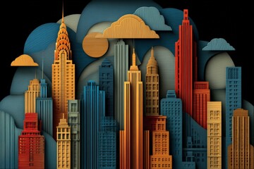 Aufkleber - Colorful Paper Cut Out Style Illustration of Modern City Skyline with Skyscrapers and Clouds in Bright Vivid Tones