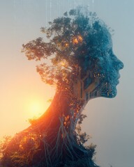 Aufkleber - Futuristic double exposure art featu a woman's face blended with a tree and circuit board elements at sunrise or sunset