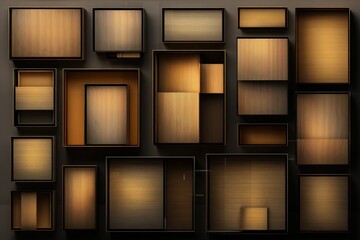 Aufkleber - Assorted empty wooden picture frames of various sizes and shapes arranged with shadow effects in a flat layout