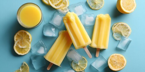 Poster - Refreshing Lemonade Popsicles with Lemon Slices and Ice Cubes on Bright Blue Background Perfect for Summer Treats Refreshing Snacks