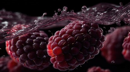 Aufkleber - Juicy ripe blackberries submerged in water with splash effect, fresh and naturally shaped berries in vibrant dark background