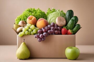 Aufkleber - Fresh Organic Fruit and Vegetable Assortment in a Cardboard Box with Pears s Grapes Cucumber Lettuce and Peas on a Neutral Background
