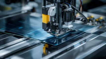 Poster - high tech robotic arm precisely assembling microchips on a transparent substrate in a sterile, moder