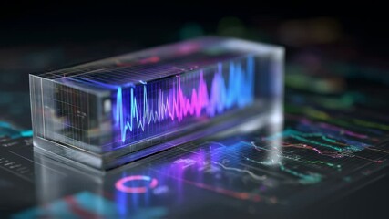 Aufkleber - Glass cube displaying colorful waveforms hovers above a surface covered with charts and graphs, representing innovation in data visualization and analysis
