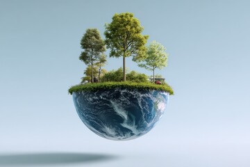 Aufkleber - Floating Earth with Small Forested Island Featu Tall Trees and Green Grass Under Clear Blue Sky in a Conceptual Environment