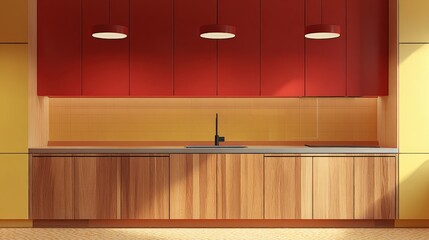 Poster - Modern minimalist kitchen interior with wooden cabinets red upper cupboards yellow illuminated backsplash and sleek black faucet