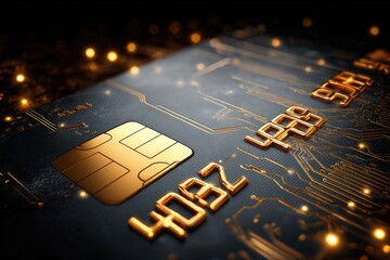 Poster - Close-up of a modern computer circuit board with gold-plated chip and intricate electronic pathways illuminated in warm glow for technology and electronics concept