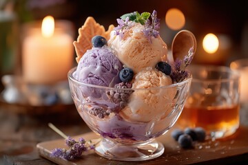 Aufkleber - Delicious homemade berry and vanilla ice cream with fresh blueberries and edible flowers served in a glass bowl on rustic wooden table with warm candlelight ambiance