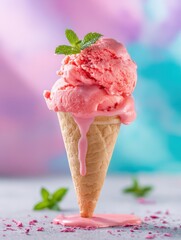 Aufkleber - Delicious scoops of vibrant pink strawberry ice cream in a waffle cone topped with fresh mint leaves and colorful blurred background