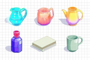Poster - Colorful collection of glassware and kitchen items artistically displayed on a grid background