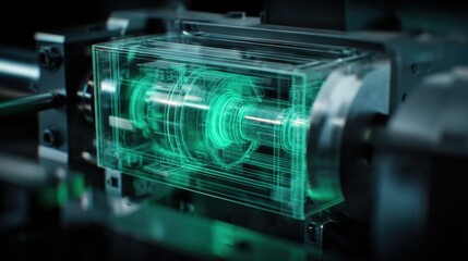 Poster - High-tech futuristic holographic interface display with digital blueprints and complex geometric designs on translucent screen in modern technology setting