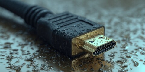 Poster - Close-up of a high-quality HDMI connection cable with water droplets on surface, electronic device connector for digital video and o transfer