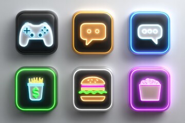 Aufkleber - Neon icons representing gaming chat messaging food snack fries burger and popcorn in a modern digital style set of six colorful signs