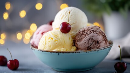 Aufkleber - Assorted Ice Cream Scoops in a Blue Bowl with Cherry Garnish on a Cool Modern Table with Warm Bokeh Lights in the Background
