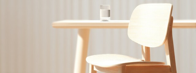 Poster - Modern minimalistic interior with a simple wooden chair and a glass of water on a sleek table in a bright room with natural light
