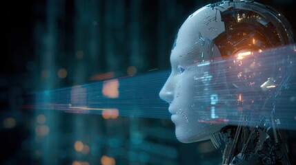 Aufkleber - Futuristic AI Robot Head with Digital Data Streams and Neon Lights, Technology, Artificial ligence, Cybernetic, High Tech Cyber Robot