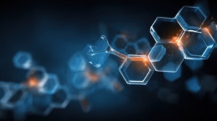 Poster - Hightech Abstract Molecular Structure with Glowing Hexagons and Digital Connections in Dark Blue and Orange Background