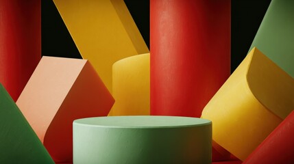 Poster - Colorful geometric abstract sculpture with cylinders cones and blocks in vibrant shades of red yellow green black and peach for modern art decoration and creative design