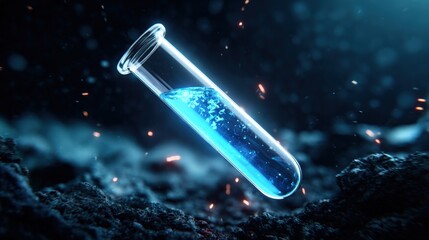 Poster - Futuristic glowing test tube with blue liquid in dark laboratory environment with sparks and smoke for scientific research and innovation YouTube video