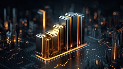 Aufkleber - Futuristic digital graph with ascending bars in gold and black on circuit board background representing data growth and technology advancement