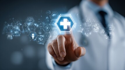 Poster - Digital Healthcare Technology Concept with Doctor Using Touchscreen Interface Displaying Medical Cross and Data Visualization