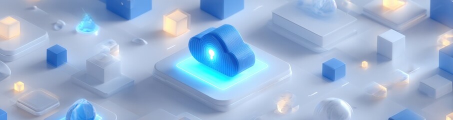 Poster - Futuristic Cloud Computing Concept with Digital Cloud Storage Storage Server Data Network Technology Illustration