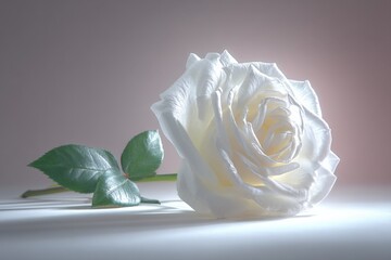 Aufkleber - Elegant white rose with green leaves on a soft pastel background for romantic, floral, or nature themed design projects