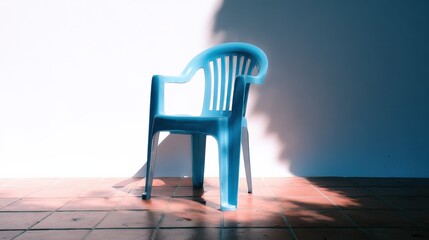 Poster - Brightly Lit Blue Plastic Chair Casting Shadow on Floor with Single Light Source in Simple Indoor Scene