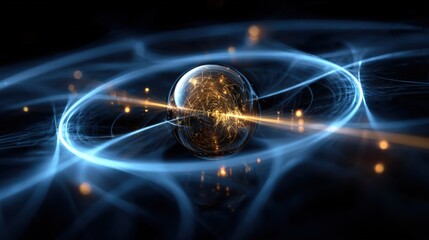 Poster - Futuristic digital art depicting a glowing Earth with luminous orbiting lines and abstract energy waves representing advanced technology and global connectivity