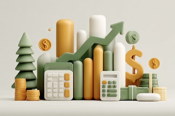 Poster - Creative financial growth and investment concept with bar charts upward arrow dollar coins calculators and trees on neutral background