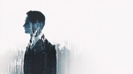 Poster - Futuristic Digital Transformation Concept Featu a Man with Technology Overlay and City Skyline Reflection in Cloudy Style