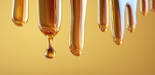 Poster - Close-up of golden liquid dripping from glass pipettes with reflections and a blurred background in a scientific or laboratory setting