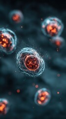 Poster - Highly detailed microscopic view of living human cells with glowing nuclei in a dark environment showing cellular activity and biological processes