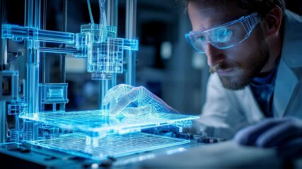Poster - Industrial engineer wearing safety glasses working with a futuristic 3d printer using augmented reality holographic interface touching a virtual representation of the printed object