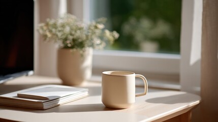 Poster - Cozy Morning Scene with Beige Coffee Mug and Open Book on Bright ill with Green Plant in the Background