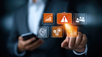 Aufkleber - Modern Businessperson Using Smartphone Interacting with Digital Interface Showing Data Analytics and Alert Icons on Transparent Screen