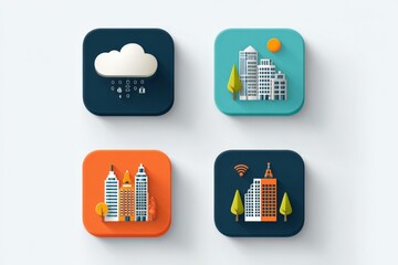 Fototapete - Modern flat design icons representing weather forecast climate app, cityscape urban buildings environment, technology and communication symbols