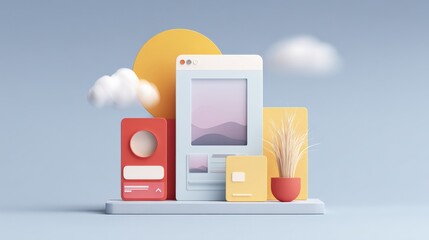 Aufkleber - Modern minimalist still life scene with smartphone digital device, potted plant, colorful decorative objects, cloud accents, and abstract scenery
