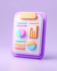 Aufkleber - 3D Isometric Illustration of a Business Data Report with Charts Graphs and Quantitative Information on a Clipboard in Soft Pastel Colors on Light Purple Background