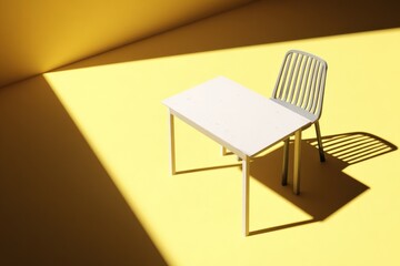 Poster - Minimalist modern white chair casting a shadow on vibrant yellow background with dramatic lighting and clean simple design for interior decor