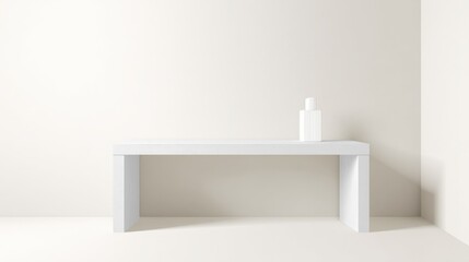 Poster - Minimalist White Table with a Small Vase on Top in a Bright Neutral Room with Soft Shadows and Clean Lines for Modern Interior Design
