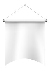 Poster - White hanging banner with a gracefully curved bottom edge waving against a clean white background, serving as a versatile textile mockup ideal for advertising and branding purposes