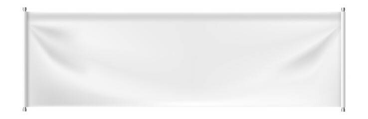 Poster - White rectangular canvas hanging on two metal poles with wrinkles and shadows, providing a realistic and customizable backdrop for showcasing designs or messages